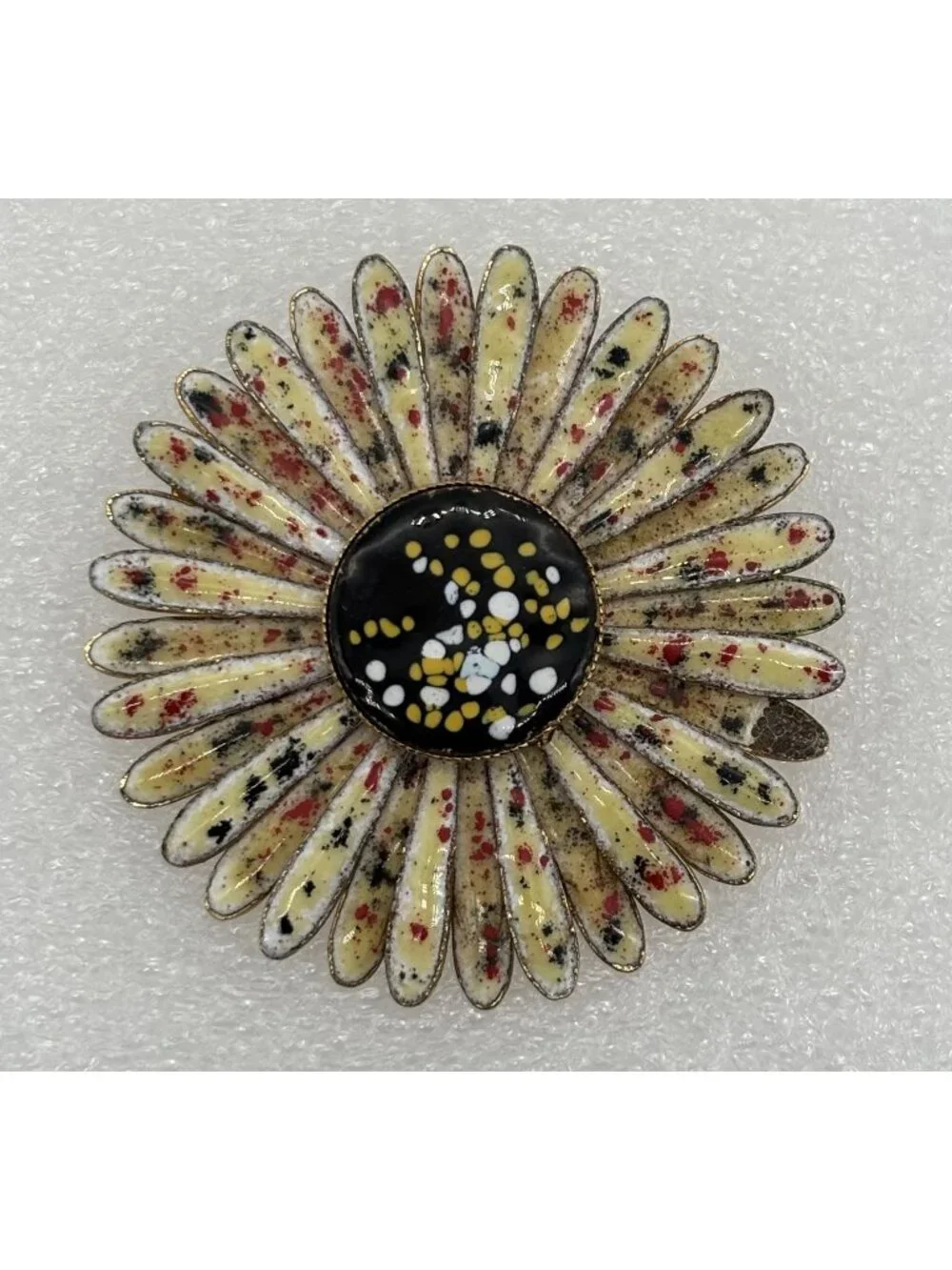 Vintage Enamel Daisy Brooch Double Petals Abstract Color Print 1960s, Not Signed